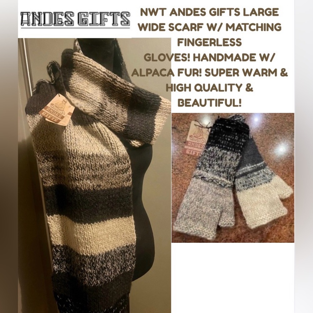 NWT! HANDMADE IN PERU! BEIGE & BLACK GLOVES! REAL ALPACA FUR! SUPER WARM!